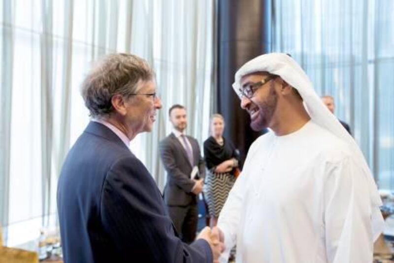 Sheikh Mohammed bin Zayed, Crown Prince of Abu Dhabi and Deputy Supreme Commander of the Armed Forces, with billionaire philanthropist Bill Gates before the summit yesterday. Sheikh Mohammed and Mr Gates have been working together for five years. Ryan Carter / Crown Prince Court - Abu Dhabi