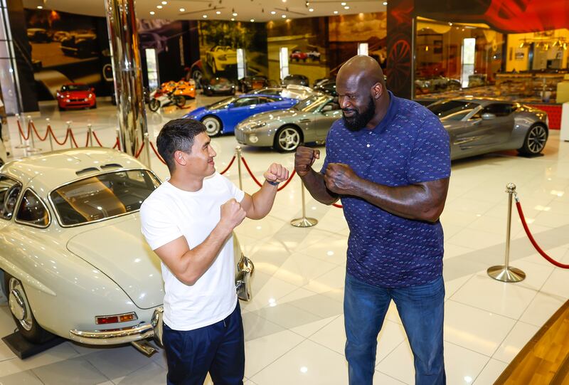 WBA light heavyweight champion Dmitry Bivol and NBA legend Shaquille O’Neil during a visit to the SBH Royal Gallery in Abu Dhabi. Image supplied