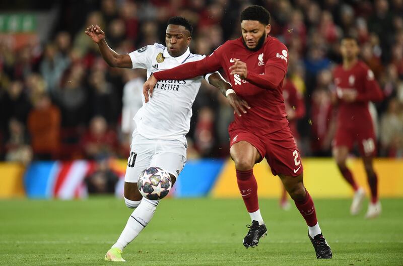 Joe Gomez 4: Sloppy defending gifted chance to Rodrygo in opening 10 minutes but Real attacker failed to take advantage. Clumsy challenge on Vinicius gave away free-kick that led to Real going 3-2 up just after half-time, then deflected Benzema shot into the net minutes later for fourth goal. EPA