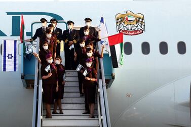 An Etihad Airways aircraft in Tel Aviv. On October 19, Etihad became the first Gulf carrier to operate a commercial passenger flight from Abu Dhabi to Israel. Courtesy: Etihad Twitter account