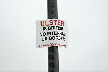 A sign erected by loyalists outside a port in Northern Ireland amid fears of an upswing in sectarian tensions. Getty.