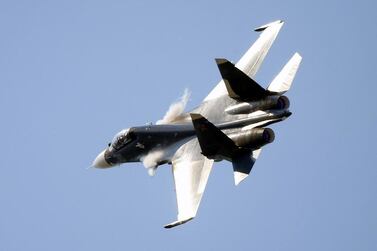 A Sukhoi Su-30, a two-seat super-maneuverable fighter aircraft developed by Russia's Sukhoi Aviation, performs at the MAKS 2015. Sergei Chirikov / EPA