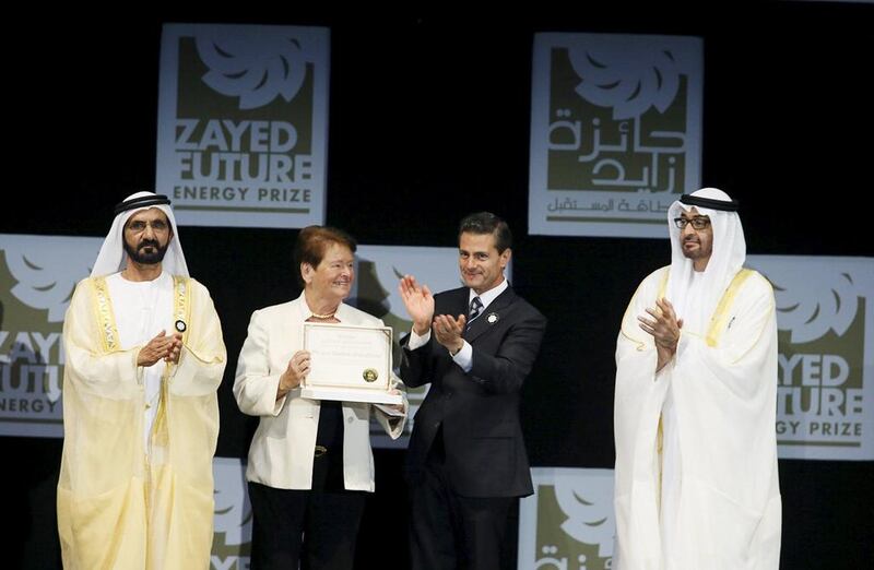 Gro Harlem Brundtland receives her award with Sheikh Mohammed bin Rashid, Vice President and Ruler of Dubai, Sheikh Mohammed bin Zayed, Crown Prince of Abu Dhabi and Deputy Supreme Commander of the Armed Forces, and president Enrique Pena Nieto of Mexico.   Reuters