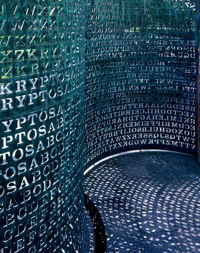 W7GFKF Art made of code named Kryptos sits on the grounds of the C.I.A. Headquarters in Virginia