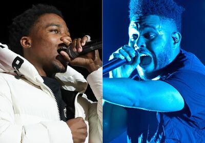 Roddy Ricch performs at the 7th annual BET Experience in Los Angeles on June 21, 2019, left, and The Weeknd performs at Lollapalooza in Chicago on Aug 4, 2018. Rich and The Weeknd were each nominated for eight American Music Awards on Monday. They will compete against each other for Favorite Song - Pop/Rock and Artist of the Year at the awards show airing Nov. 22 on ABC. (AP Photo)