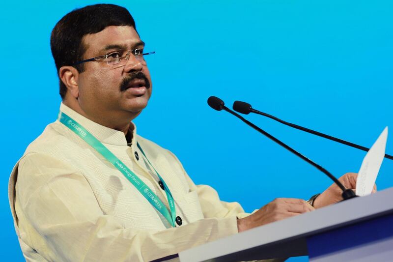 Dharmendra Pradhan, India's minister of petroleum, natural gas and steel, speaks during the India Energy Forum by Ceraweek in New Delhi, India, on Monday, Oct. 14, 2019. The conference provides insight into the Indian and regional energy future by addressing key issues from India's energy transition; provision of heat, light and mobility; sustainability; expanding use and game-changing industry technologies. Photographer: Anindito Mukherjee/Bloomberg
