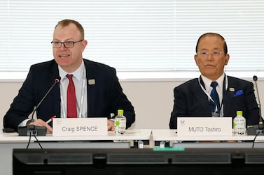 Tokyo Organising Committee CEO Toshiro Muto, right, and Craig Spence, head of communications of the International Paralympic Committee, attend a news conference in Tokyo where the coronavirus threat was discussed. AP Photo