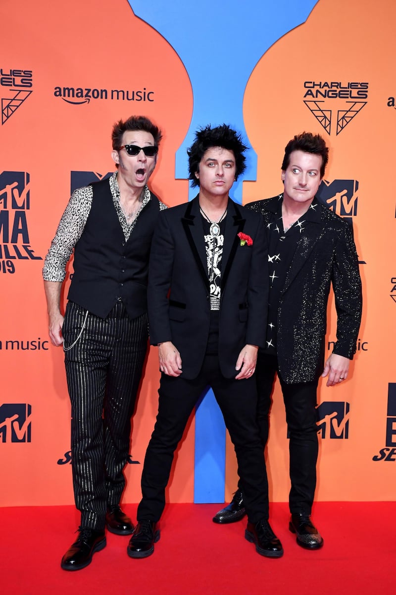 Mike Dirnt, Billie Joe Armstrong and Tre Cool of Green Day attend the MTV EMAs 2019 on November 3, 2019 in Seville, Spain. EPA