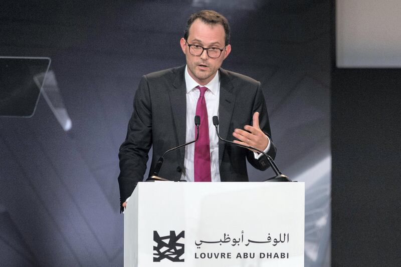 Abu Dhabi, United Arab Emirates, September 6, 2017:    Manuel Rabate director of Louvre Abu Dhabi speaks during an event announcing that the Louvre Abu Dhabi will open November 11th, at Manarat Al Saadiyat on Saadiyat Island in Abu Dhabi on September 6, 2017. Christopher Pike / The National

Reporter: Nick Leech
Section: Arts & Culture