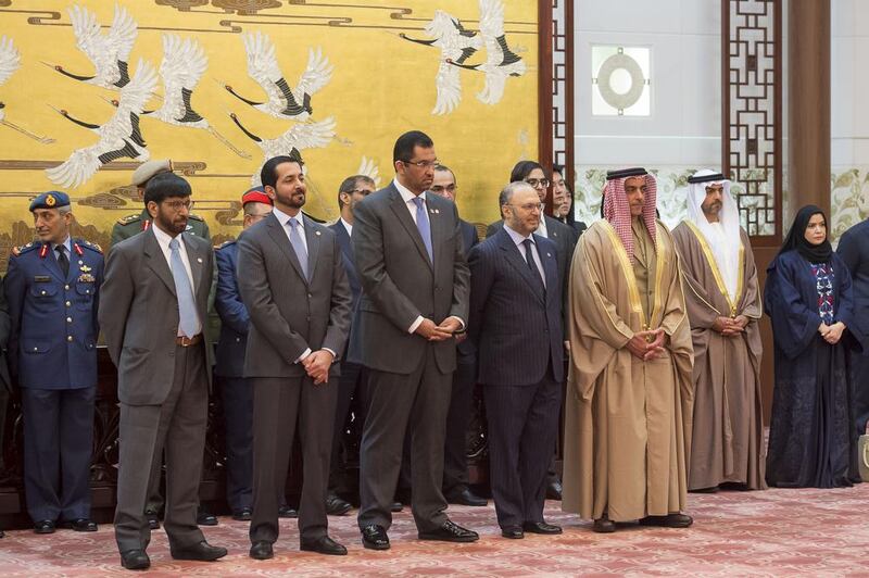 Lt Gen Sheikh Saif bin Zayed, Deputy Prime Minister and Minister of Interior (3rd R), Sheikh Hamed bin Zayed, Chairman of Crown Prince Court - Abu Dhabi and Managing Director of the Abu Dhabi Investment Authority (ADIA) (2nd R), Dr Amal Al Qubaisi, Speaker of the Federal National Council (FNC) (R), Dr Anwar Gargash, Minister of State for Foreign Affairs (4th R), Dr Sultan Al Jaber, Minister of State Chairman of Masdar and Chairman of the Abu Dhabi Ports Company (ADPC) (5th R), Mubarak Al Mansoori, Governor of the UAE Central Bank (3rd L), Dr Khalifa Al Romaithi, Chairman of the UAE Space Agency (2nd L) Maj Gen Essa Al Mazrouei, Deputy Chief of Staff of the Armed Forces (L) and other dignitaries attend a signing ceremony at the Great Hall of the People. Rashed Al Mansoori / Crown Prince Court - Abu Dhabi