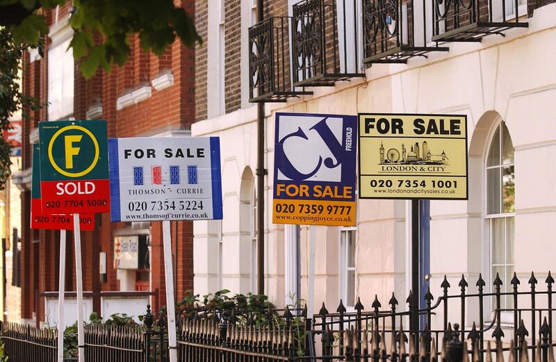 For sale signs advertise residential properties in north London, Friday June 12, 2003. House prices grew at their quickest pace in almost 1 1/2 years
during the first quarter, the Royal Institution of Chartered
Surveyors said today, as Britons borrowed a record 16.2 billion
pounds against their homes. Photographer:Andy Shaw/Bloomberg News