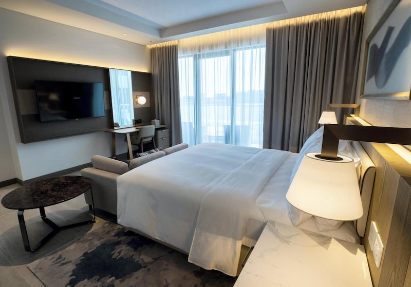 Abu Dhabi, United Arab Emirates, February 18, 2021. First-look pictures of the new Hilton Abu Dhabi Yas Island.  Deluxe two-bedroom suite.  
Victor Besa/The National 
Section:  LF
Reporter:  Hayley Skirka