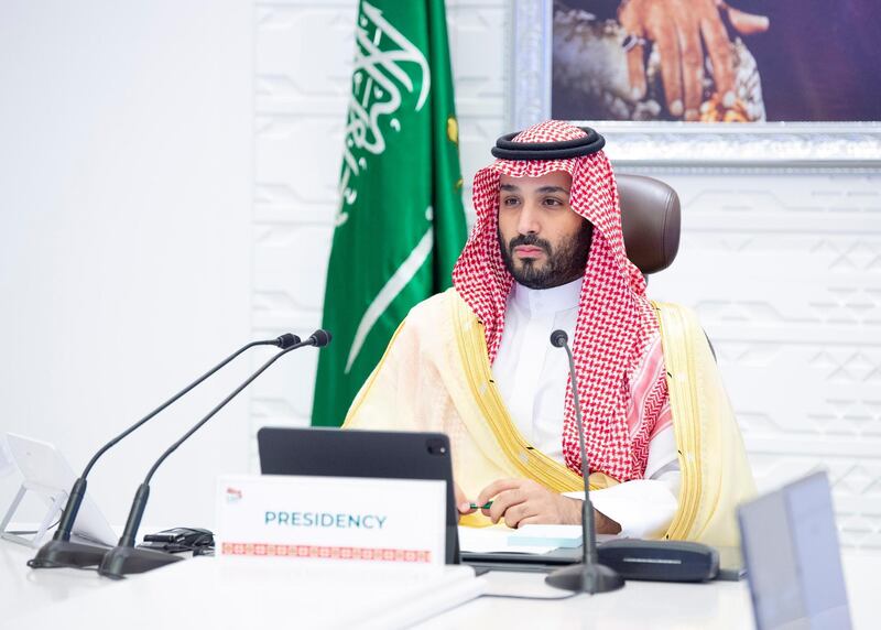 Saudi Crown Prince Mohammed bin Salman chairs final session of the 15th annual G20 Leaders' Summit in Riyadh, Saudi Arabia, November 22, 2020. Bandar Algaloud/Courtesy of Saudi Royal Court/Handout via REUTERS ATTENTION EDITORS - THIS PICTURE WAS PROVIDED BY A THIRD PARTY