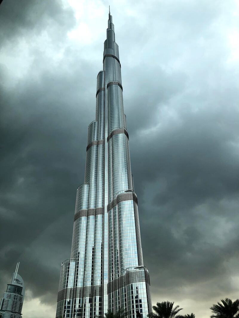 Burj Khalifa on a stormy day in Dubai. 
