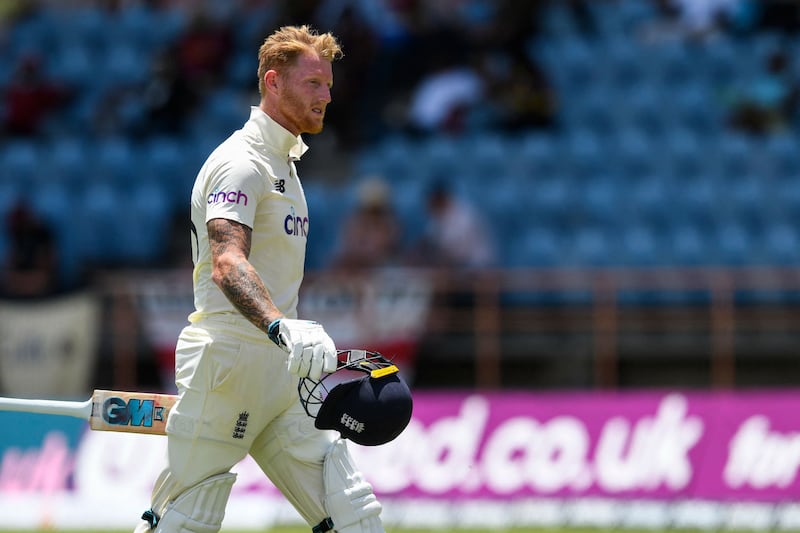 Ben Stokes walks off after being dismissed by Alzarri Joseph. AFP