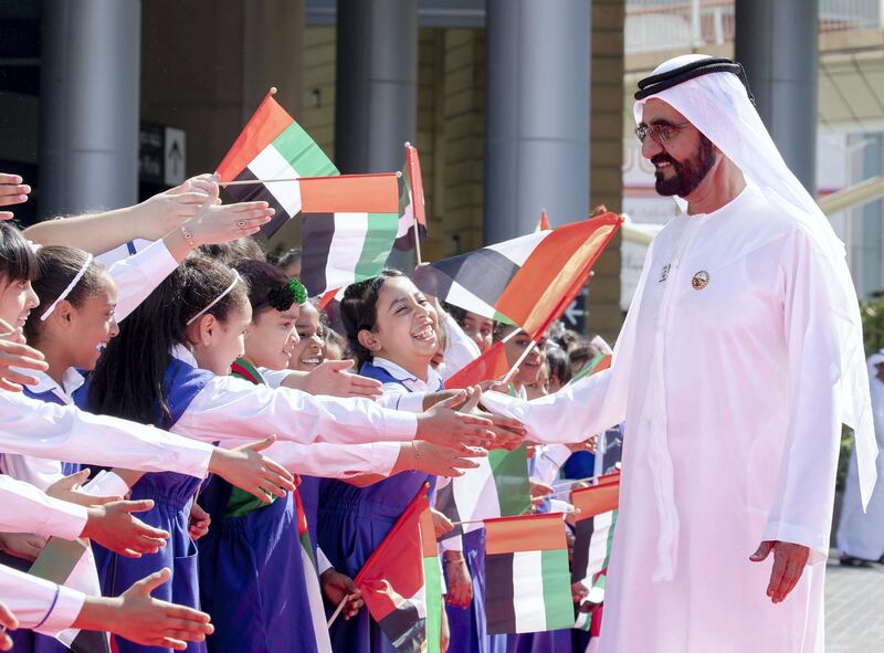 Sheikh Mohammed bin Rashid, Vice President and Ruler of Dubai, greets a crowd of young people on Flag Day on November 3, 2019. Courtesy Wam