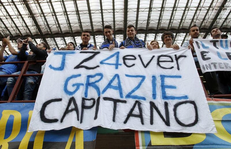 Inter Milan’s fans hold a banner which reads “JZ4 ever Thanks Captain”. “I’m crying inside with the thought of leaving these wonderful fans behind after so may years of wearing the shirt and playing as captain,” Zanetti said. Alessandro Garofalo / Reuters