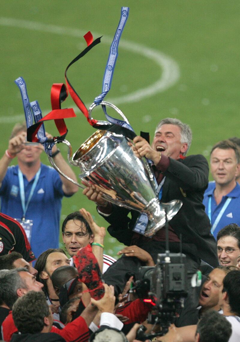 AC Milan's coach Carlo Ancelotti after winning the Champions League final against Liverpool at the Olympic Stadium in Athens, May 23, 2007. AFP