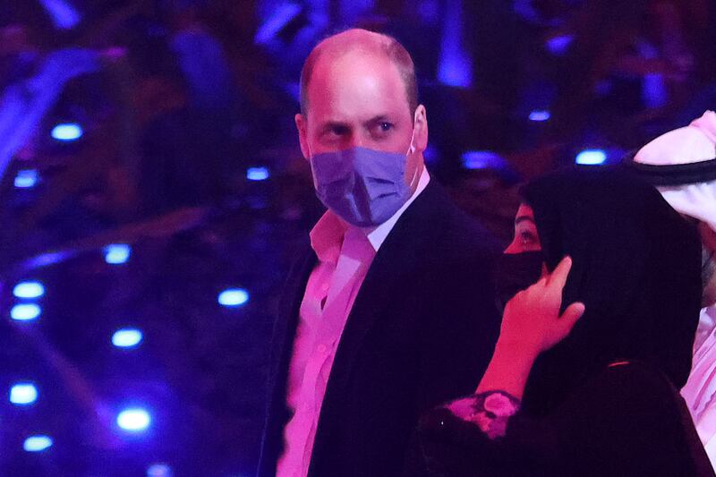 Britain's Prince William, left, Duke of Cambridge, walks at Al Wasl Dome during his visit to Expo 2020 Dubai. AFP