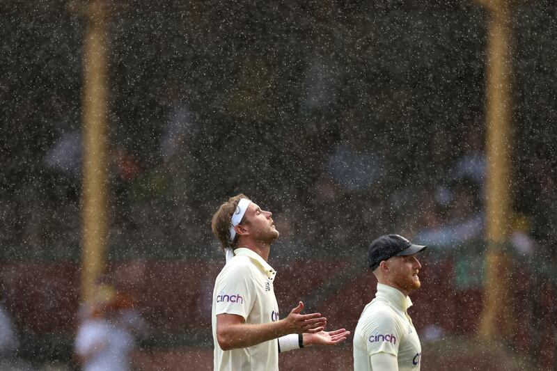 Stuart Broad and Ben Stokes of England react to rain during day one of the fourth Ashes Test. Getty Images