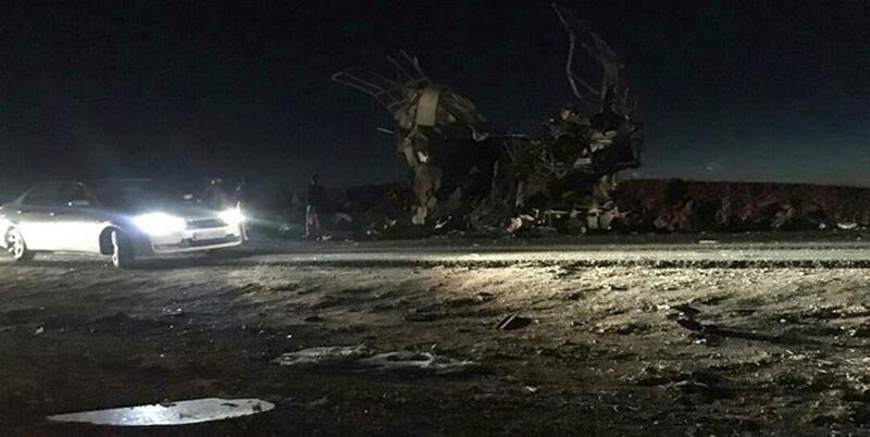 epa07367277 A handout photo made available by the Iranian local Fars News agency shows the scene of suicide bombing explosion in Sistan- Baluchestan province, southern Iran, 13 February 2019. According to Iranian news agencies, a bombing that targeted a bus carrying members of Iran's Revolutionary Guard in the country's far southeast has killed at least 20 people  EPA/FARS NEWS AGENCY HANDOUT BEST QUALITY AVAILABLE HANDOUT EDITORIAL USE ONLY/NO SALES