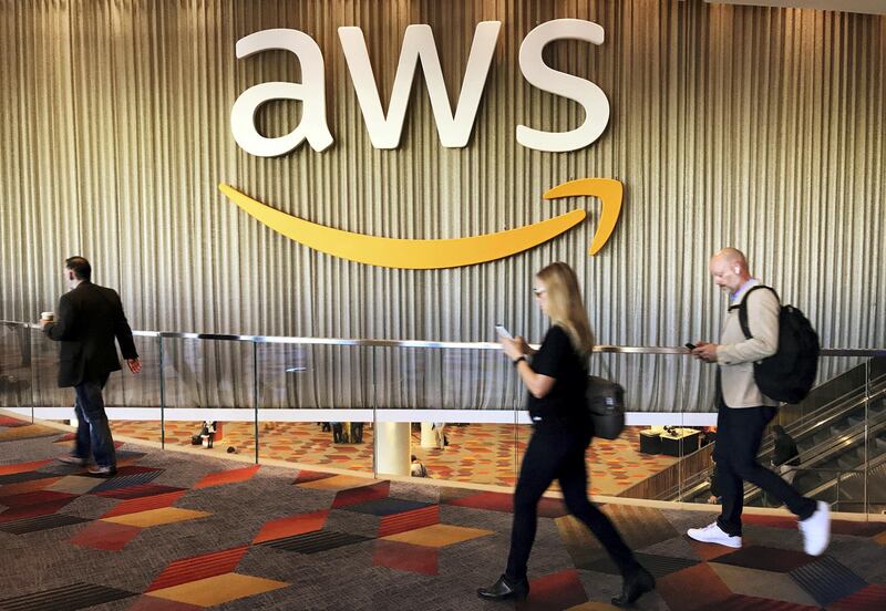 FILE PHOTO: Attendees at Amazon.com Inc annual cloud computing conference walk past the Amazon Web Services logo in Las Vegas, Nevada, U.S., November 30, 2017. REUTERS/Salvador Rodriguez/File Photo
