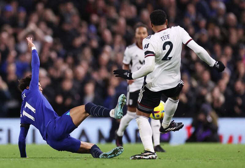 Chelsea's Joao Felix was shown a red card for this tackle on Fulham's Kenny Tete. Getty