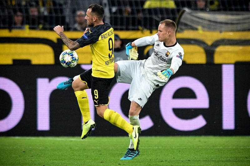 Dortmund's Paco Alcacer in action against Barcelona's goalkeeper Marc-Andre ter Stegen. EPA