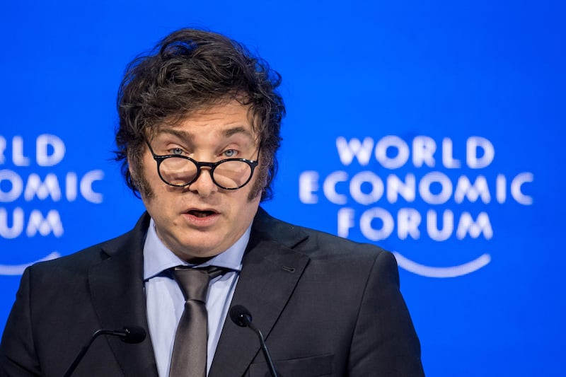 Argentina President Javier Milei delivers a speech at the recent World Economic Forum meeting in Davos. AFP