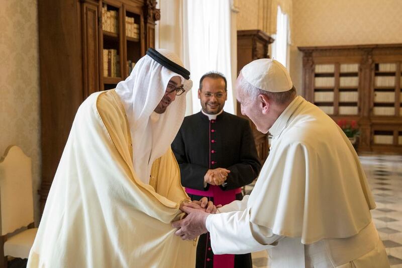 Sheikh Mohamed bin Zayed, Crown Prince of Abu Dhabi and Deputy Supreme Commander of the Armed Forces, met Pope Francis during a visit to the Vatican in 2016. Mohamed Al Hammadi / Crown Prince Court - Abu Dhabi