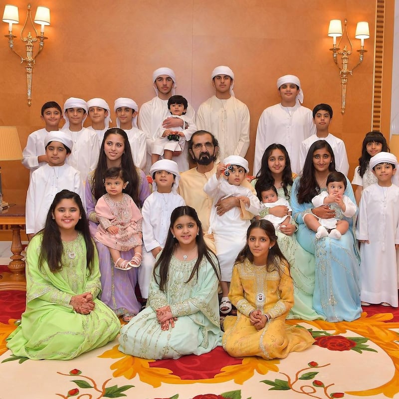 The portrait shows Sheikh Mohammed bin Rashid, Vice President and Ruler of Dubai, surrounded by his grandchildren. Photo: Faz3 / Instagram