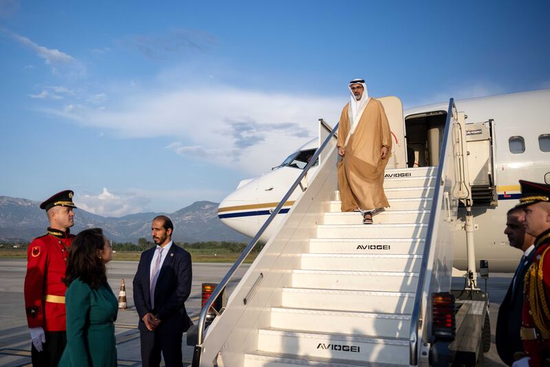 Sheikh Khaled bin Mohamed, Crown Prince of Abu Dhabi, arrives in the Albanian capital of Tirana on a working visit, where he is received by Belinda Balluku, Deputy Prime Minister and Minister for Infrastructure and Energy, and other officials. Photos: Abu Dhabi Government Media Office