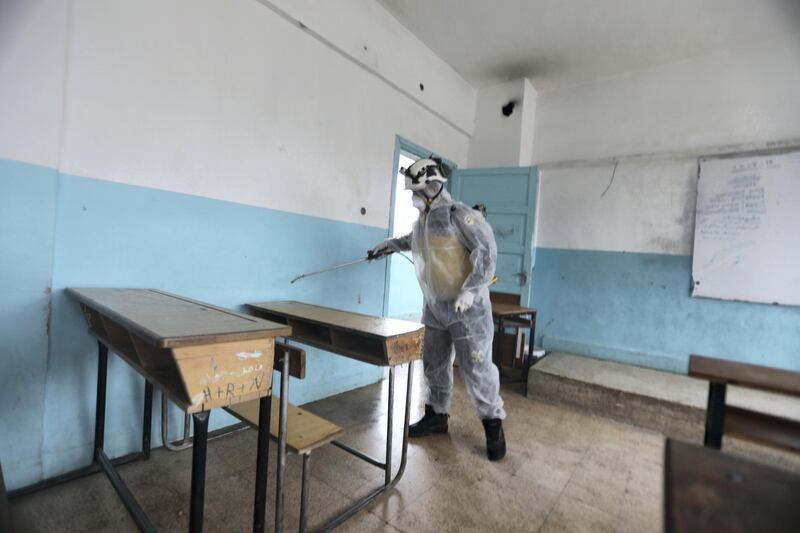 Syrian volunteer group The White Helmets have been disinfecting schools in the Aleppo countryside as part of efforts to contain coronavirus. Courtesy: The White Helmets.