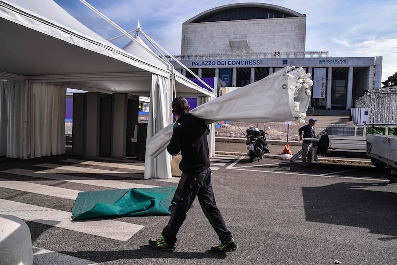 Ongoing preparation work outside the Palazzo dei Congressi in the EUR. AFP