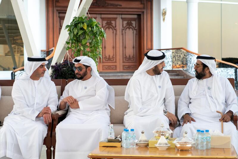 ABU DHABI, UNITED ARAB EMIRATES - December 04, 2018: (L-R) HH Lt General Sheikh Saif bin Zayed Al Nahyan, UAE Deputy Prime Minister and Minister of Interior, HH Sheikh Hamdan bin Zayed Al Nahyan, Ruler’s Representative in Al Dhafra Region, HH Sheikh Abdullah bin Rashid Al Mu'alla, Deputy Ruler of Umm Al Quwain and HH Sheikh Tahnoon bin Mohamed Al Nahyan, Ruler's Representative in Al Ain Region, attend a Sea Palace barza.
( Rashed Al Mansoori / Ministry of Presidential Affairs )
---