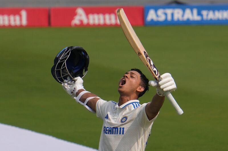 India's Yashasvi Jaiswal celebrates his double celebrates on the second day of the second test match between India and England, in Visakhapatnam, India, Saturday, Feb.  3, 2024.  (AP Photo / Manish Swarup)