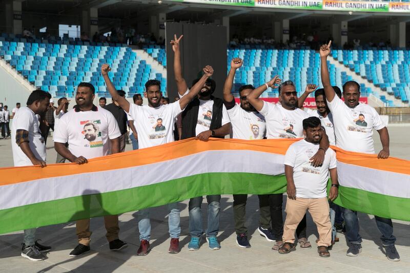 DUBAI, UNITED ARAB EMIRATES - JANUARY 11, 2019.
 
Crowds cheering ahead of Rahul Gandhi's speech today at Dubai International Cricket Stadium.

(Photo by Reem Mohammed/The National)

Reporter: Ramola Talwar.
Section:  NA
