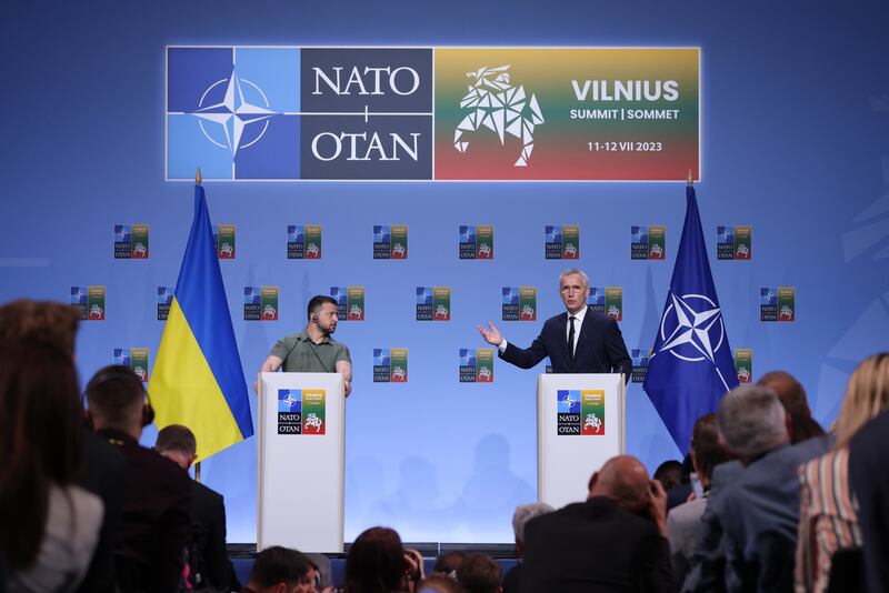 Ukrainian President Volodomyr Zelenskyy and Nato Secretary General Jens Stoltenberg speak to the media at the Nato Summit in July 2023, in Vilnius, Lithuania. Getty Images