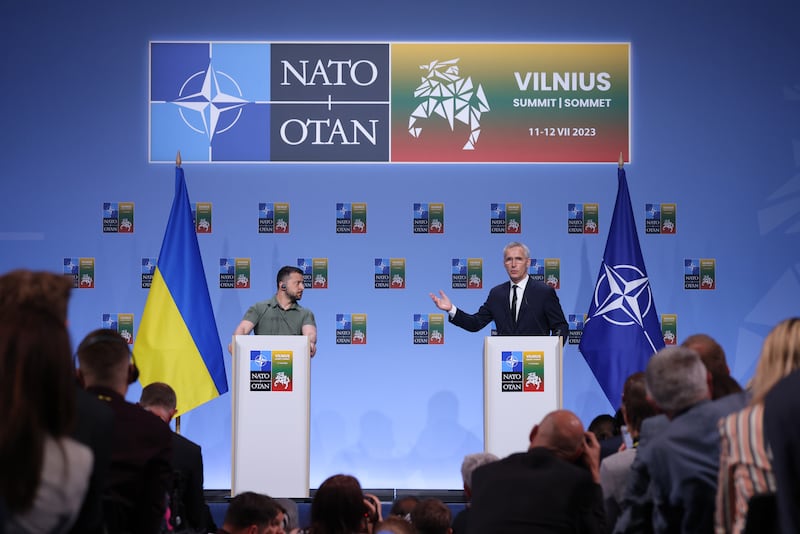 Ukrainian President Volodomyr Zelenskyy and Nato Secretary General Jens Stoltenberg speak to the media at the Nato Summit in July 2023, in Vilnius, Lithuania. Getty Images