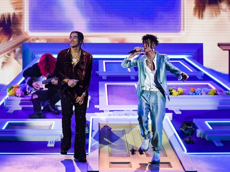 24KGoldn and Iann Dior perform during the American Music Awards at the Microsoft Theatre on November 22, 2020 in Los Angeles. AP