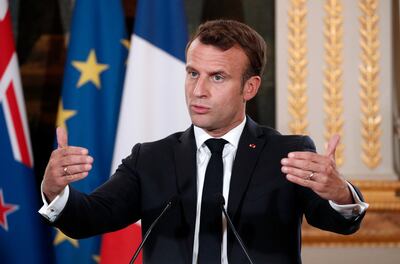 French President Emmanuel Macron, speaks during a press conference with New Zealand Prime Minister Jacinda Ardern at the Elysee Palace, in Paris, Wednesday, May 15, 2019. World leaders and tech bosses meet Wednesday in Paris to discuss ways to prevent social media from spreading deadly ideas. (Yoan Valat/Pool Photo via AP)