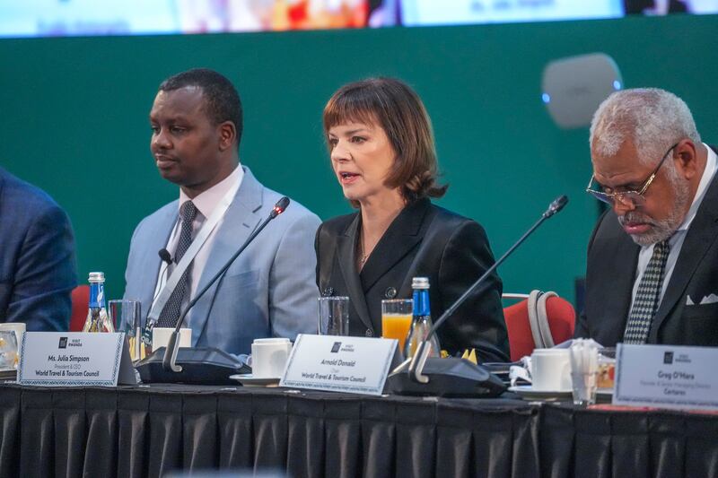World Travel and Tourism Council president Julia Simpson speaking at the organisation's global summit in Kigali, Rwanda. WTTC