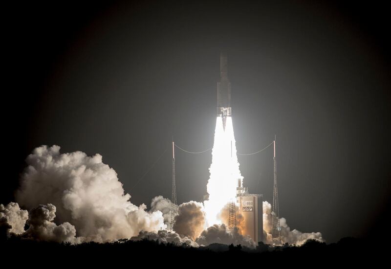 epa06475813 A handout photo made available by the European Space Agency (ESA) and French Centre National d'Etudes Spatiales (CNES) on 26 January 2018 shows an Ariane-5 rocket, carrying the 'SES-14 and 'Al Yah 3' television and communication satellites and the NASA 'Gold' probe, taking off from its launch pad in Kourou, French Guiana, 25 January 2018. Media reports state that there has been technical problems shortly after the launch when the ground control lost contact with the rocket's upper stage. An 'Arianespace' operator spokesperson confirmed the contact-loss but was cited as saying that all missions were going on after the payload satellites had been detected in their orbit positions.  EPA/P. PIRON / HANDOUT  HANDOUT EDITORIAL USE ONLY/NO SALES