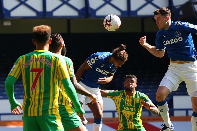 Everton's English striker Dominic Calvert-Lewin heads the ball to score their fifth goal. AFP