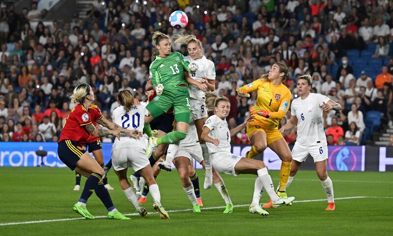 Spain's goalkeeper Sandra Panos in action against England's Alex Greenwood and Mary Earps, in their Euro 2022 quarter final match at the Amex Stadium, Brighton, on England's south coast. England beat Spain 2-1, after extra time. Reuters