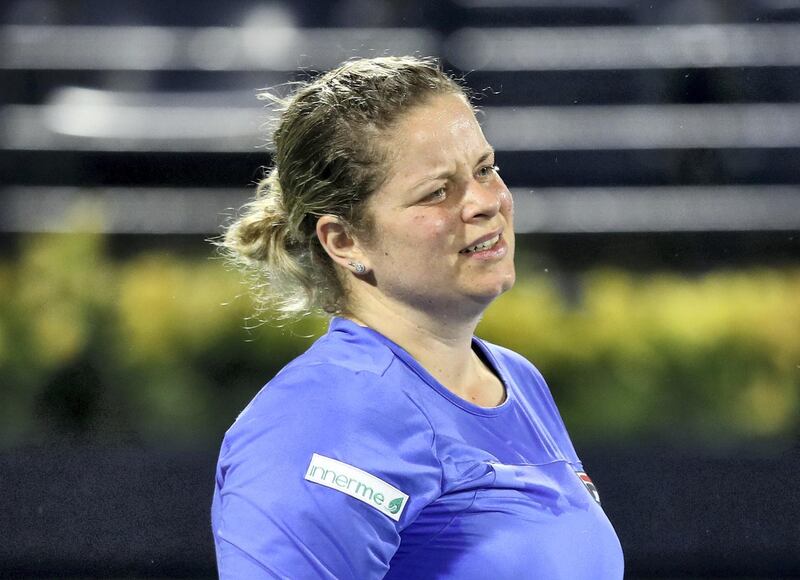 Dubai, United Arab Emirates - Reporter: John McAuley: Kim Clijsters looks disappointed in the game between Kim Clijsters and Garbi–e Muguruza in the Dubai Duty Free Tennis Championship. Monday, February 17th, 2020. Dubai Duty Free Tennis stadium, Dubai. Chris Whiteoak / The National