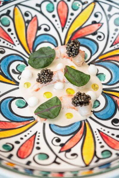 The prawn course with turnip and caviar, served on a hand-painted Moorish-style plate. Photo: Qabu
