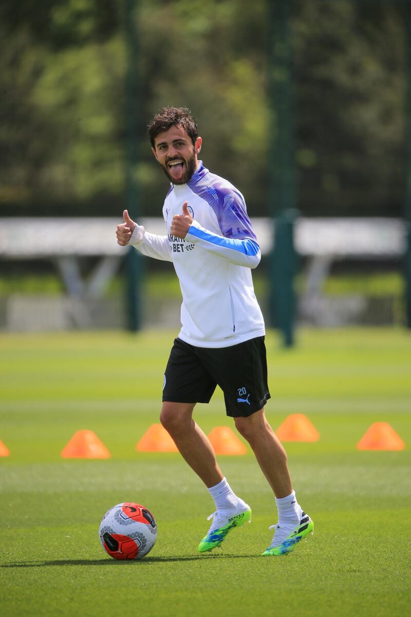 MANCHESTER, ENGLAND - MAY 23: Manchester City's Bernardo Silva in action during training at Manchester City Football Academy on May 23, 2020 in Manchester, England. (Photo by Tom Flathers/Manchester City FC via Getty Images)