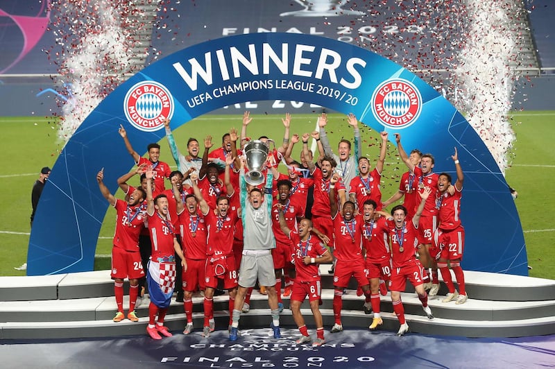 Bayern Munich players celebrate after beating Paris Saint-Germain 1-0 to win the 2020 Champions League. AFP