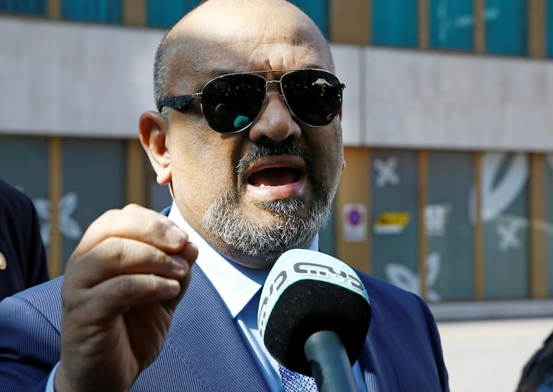 Yemen foreign minister Khaled al-Yamani talks to media before leaving a hotel in Geneva, Switzerland September 7, 2018. REUTERS/Denis Balibouse